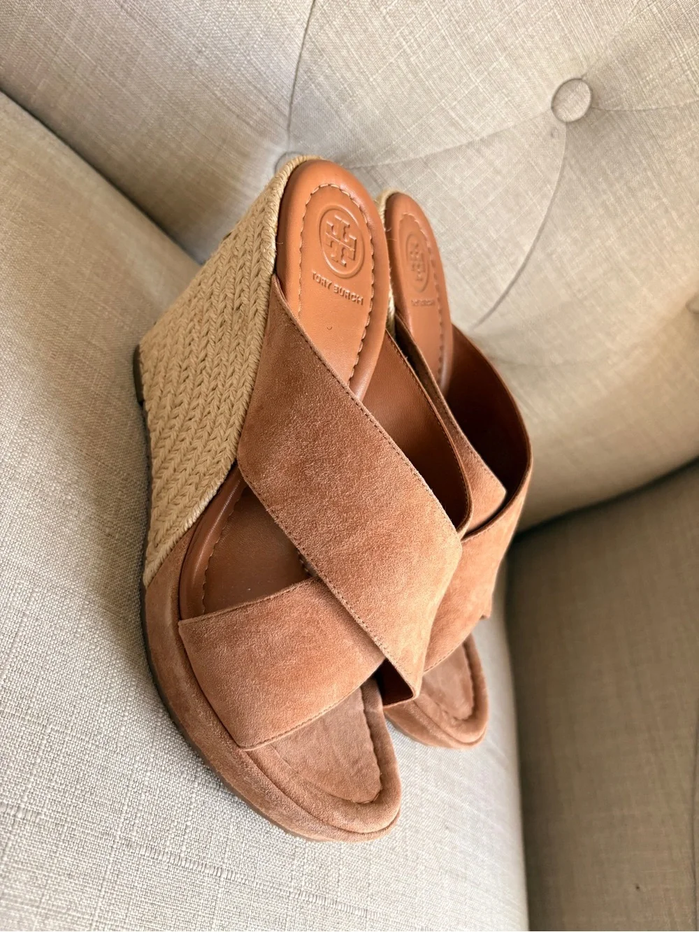 Tory Burch Tan Suede Crisscross Wedge Slides- NEW